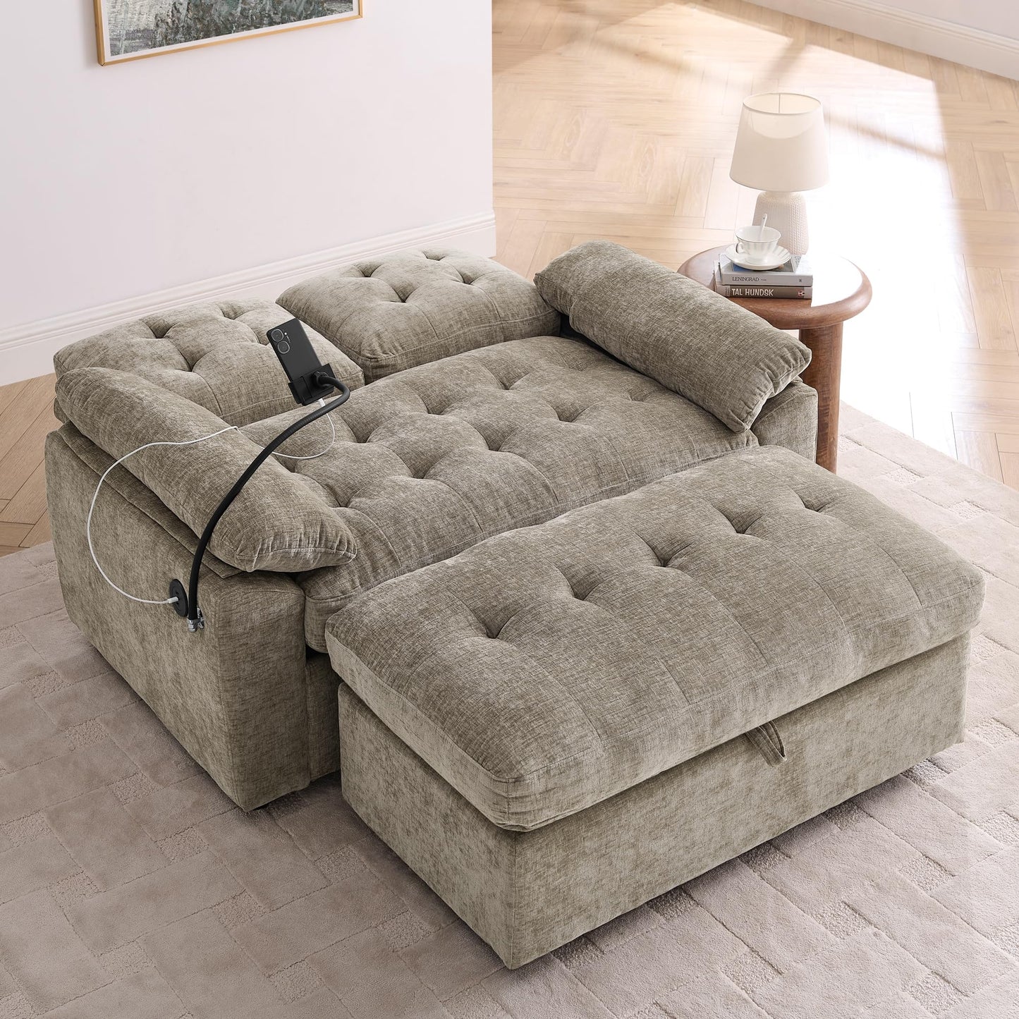 Eafurn 56" Convertible Loveseat Sofa Bed with Ottoman, Adjustable Loveseat Couch Sleeper Chair, Folding Futon Sofa with Phone Holder & Charging Port, Deep Seat Lounge Couch for Living Room