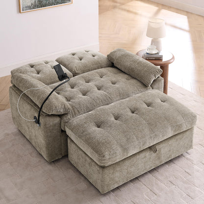 Eafurn 56" Convertible Loveseat Sofa Bed with Ottoman, Adjustable Loveseat Couch Sleeper Chair, Folding Futon Sofa with Phone Holder & Charging Port, Deep Seat Lounge Couch for Living Room
