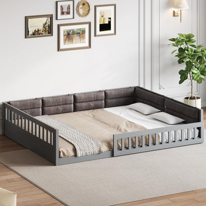 Merax Full Size Upholstered Platform Bed with Guardrail & Pillow, Solid Pine Wood Bed Frame, No Box Spring Needed, 600 lbs Capacity Safety Guaranteed Easy to Assemble for Bedroom, Gray