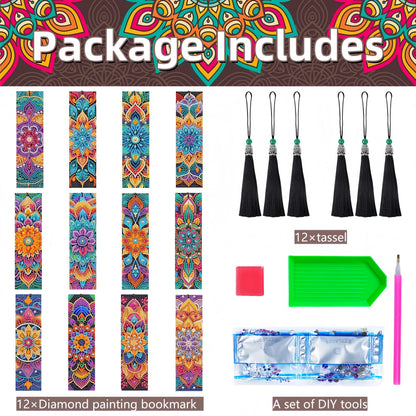 12 Pcs Diamond Painting Bookmarks,Mandala Diamond Art Bookmarks with Tassel, Diamond Art Painting Kits for Beginners Adults DIY Art Craft Gifts Book Decors