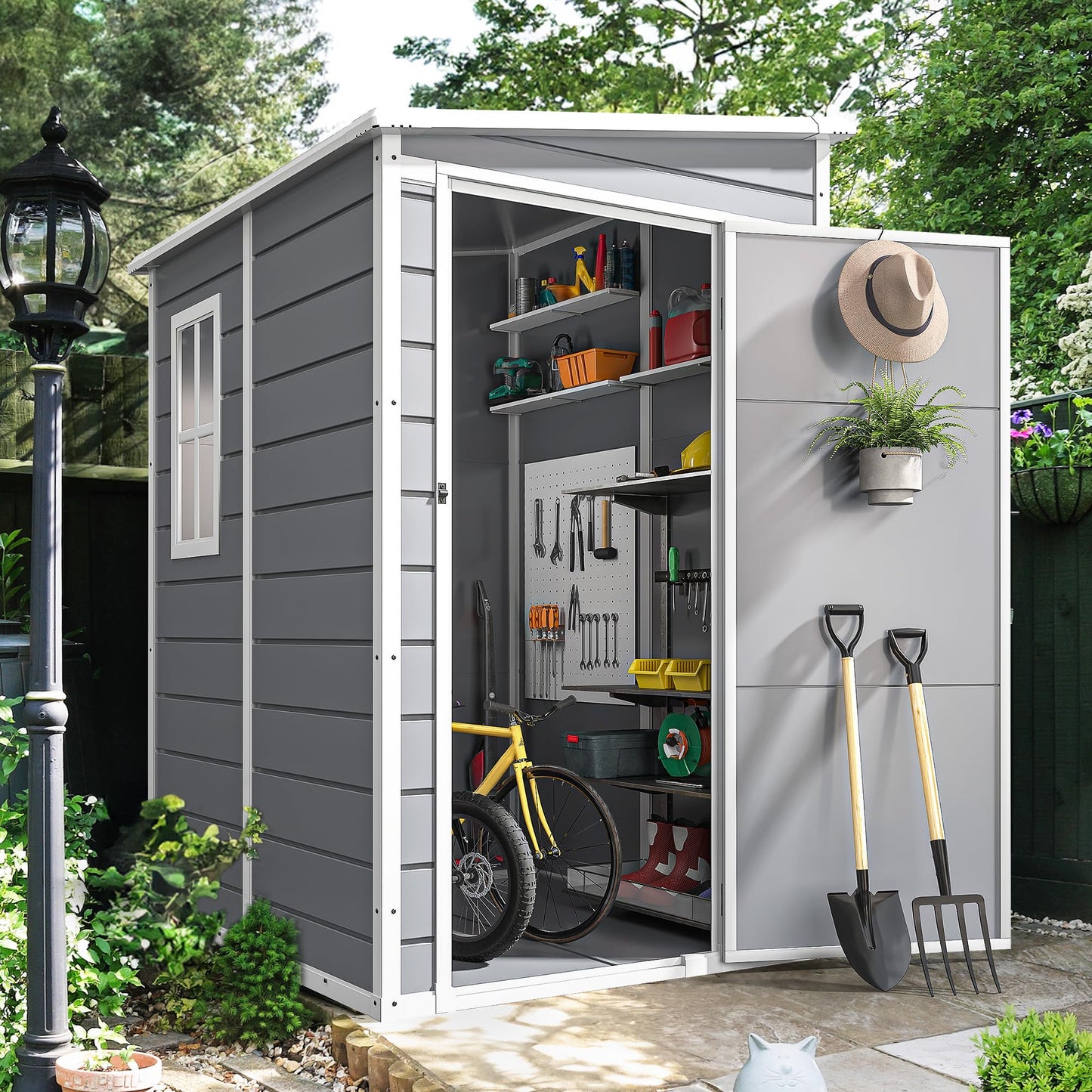DWVO 5x4 FT Outdoor Storage Shed with Floor, All-Weather Resin Storage Shed with Lockable Door & Window, Waterproof Plastic Tool Storage for Garden, Backyard, Patio, Lawn, Gray
