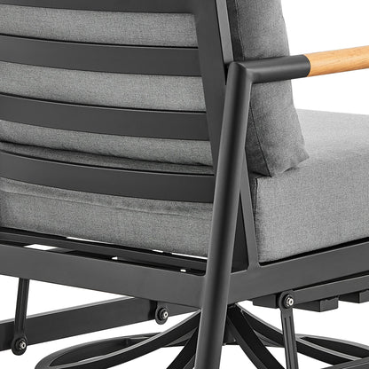 Armen Living Royal Outdoor Patio Swivel Glider Lounge Chair in Black Aluminum and Teak Wood with Cushions
