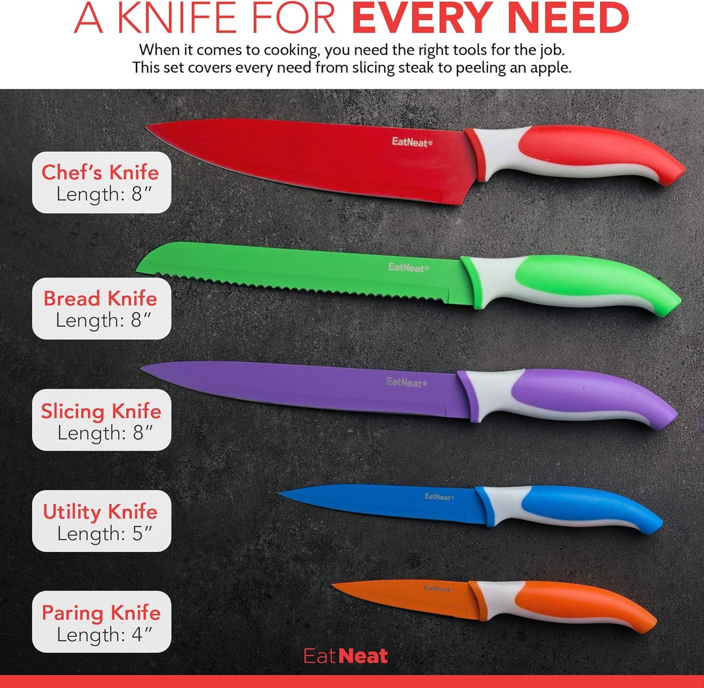 EatNeat 12 Piece Knife and Cutting Board Set, Colorful Non-Stick Stainless Steel Chef Knives with Sheaths & Sharpener