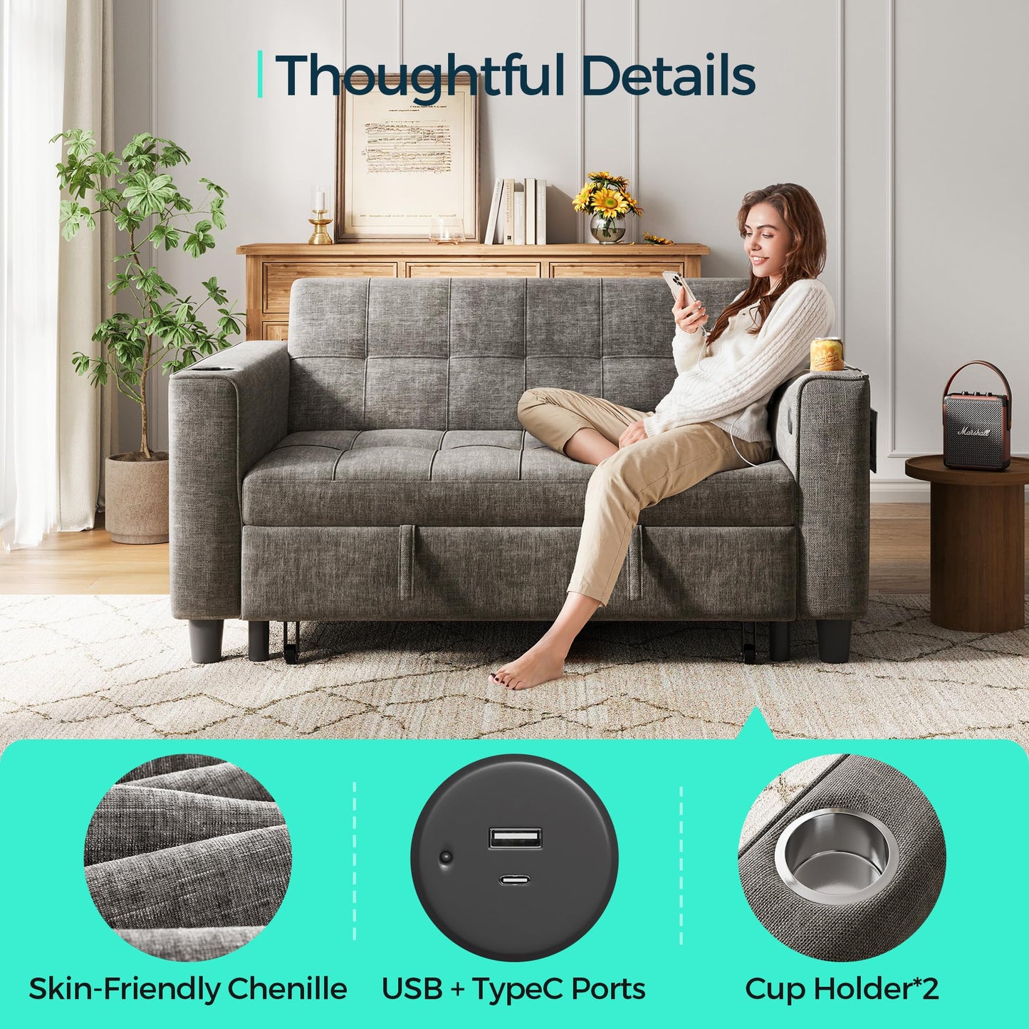 LINSY 54" Pull Out Couch with Charging Station, Small Sleeper Sofa Bed with Cup Holder, 3 in 1 Convertible Loveseat Sleeper Couch for Apartment, Dorm Room, Bedroom and Small Space, Gray