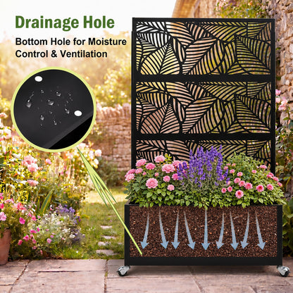 Veemuaro Metal Planter Box with Trellis, 70" H × 46" L Freestanding Outdoor Raised Garden Bed with Privacy Screen, Wheels and Drainage Holes, Leaf Privacy Screen Planter Box for Garden, 2PCS