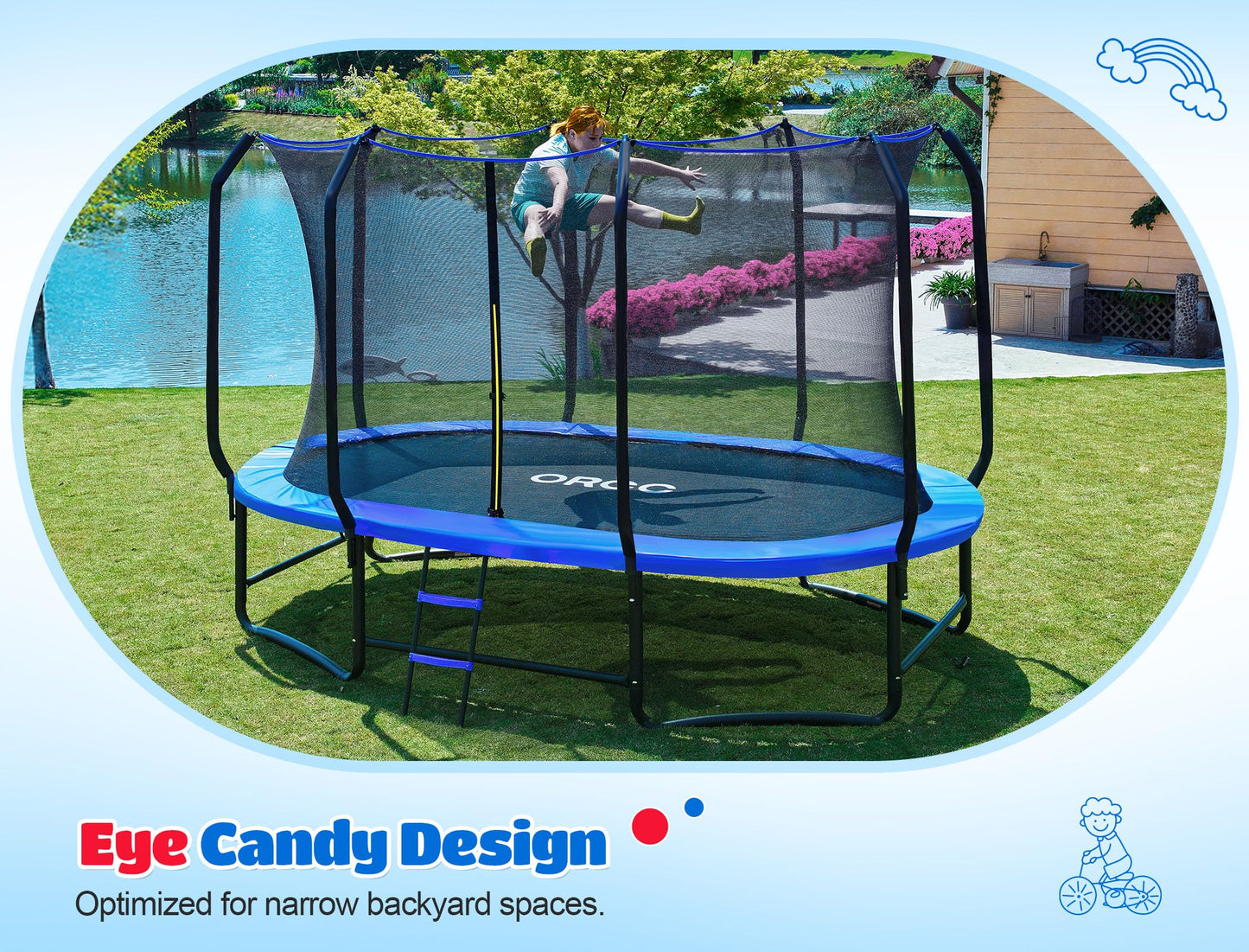 ORCC Oval Trampoline for Kids, 10x16FT Outdoor Trampoline with Safety Net - Recreational Gymnastics Trampolin, 1200LBS Capacity, Heavy-Duty Galvanized Steel Frame Yard Trampolines