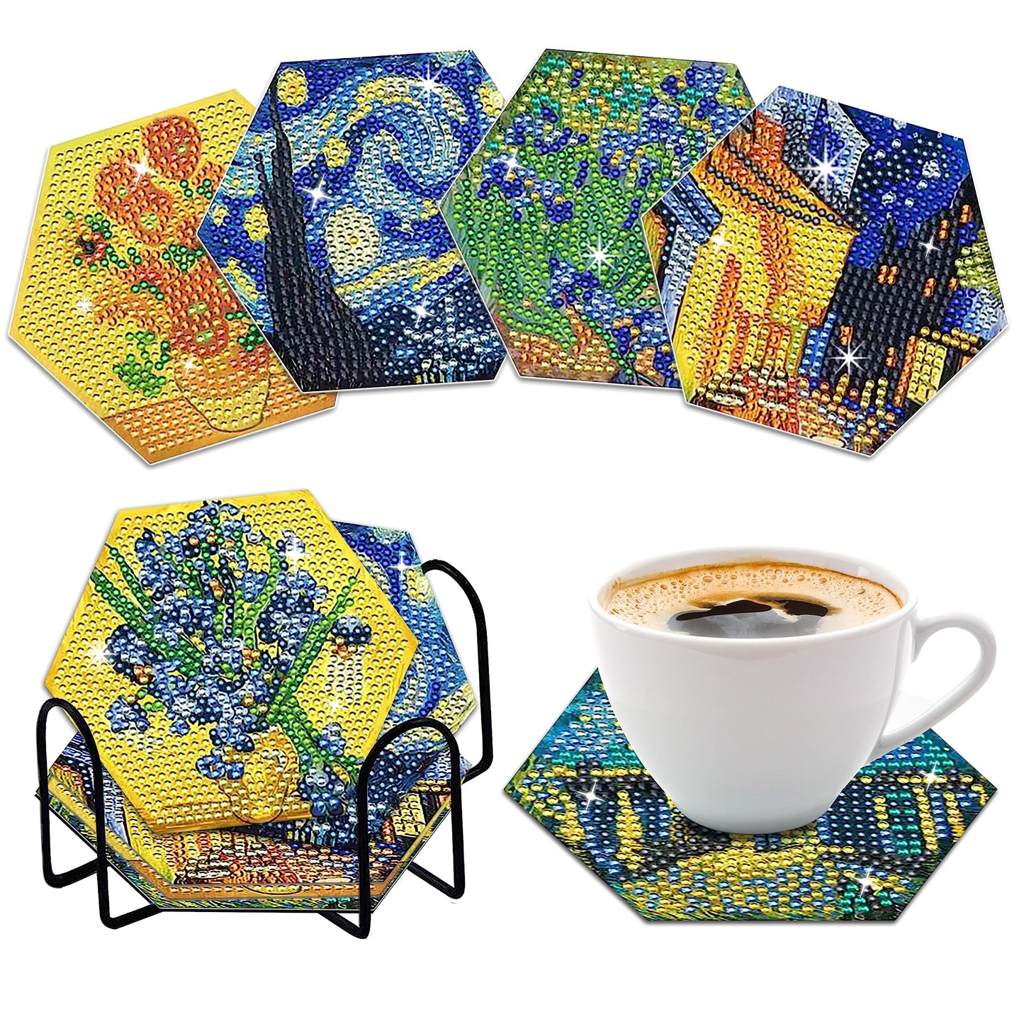 NUFTVI Van Gogh Diamond Painting Coasters Kit with Holder, 5D Full Crystal Diamond Art Coasters Kit for Adults. 6 PCS