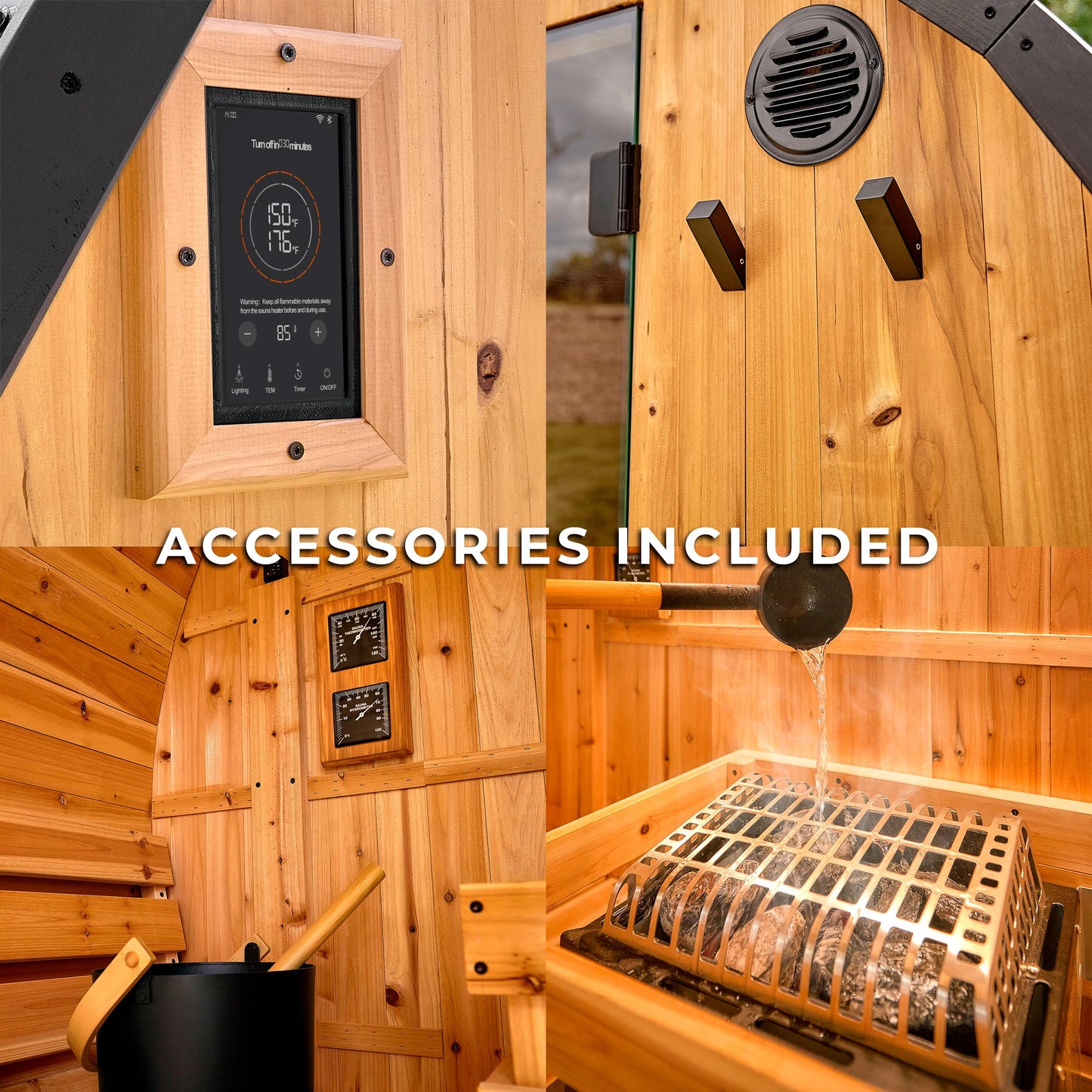 Backyard Discovery Paxton 2-4 Person Traditional Cedar Outdoor Barrel Sauna with Electric Sauna Heater, Front Porch, Sauna Rocks, Dry Heat, Steam Sauna, LED Lights, Wi-Fi Panel, Sauna Accessories