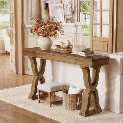 TRIBEWOOD 63-Inch Solid Wood Console Table, Farmhouse Entryway Table with X-Shaped Legs, Long Sofa Table for Living Room, Hallway, or Foyer, Easy Assembly, Anti-tip Kits