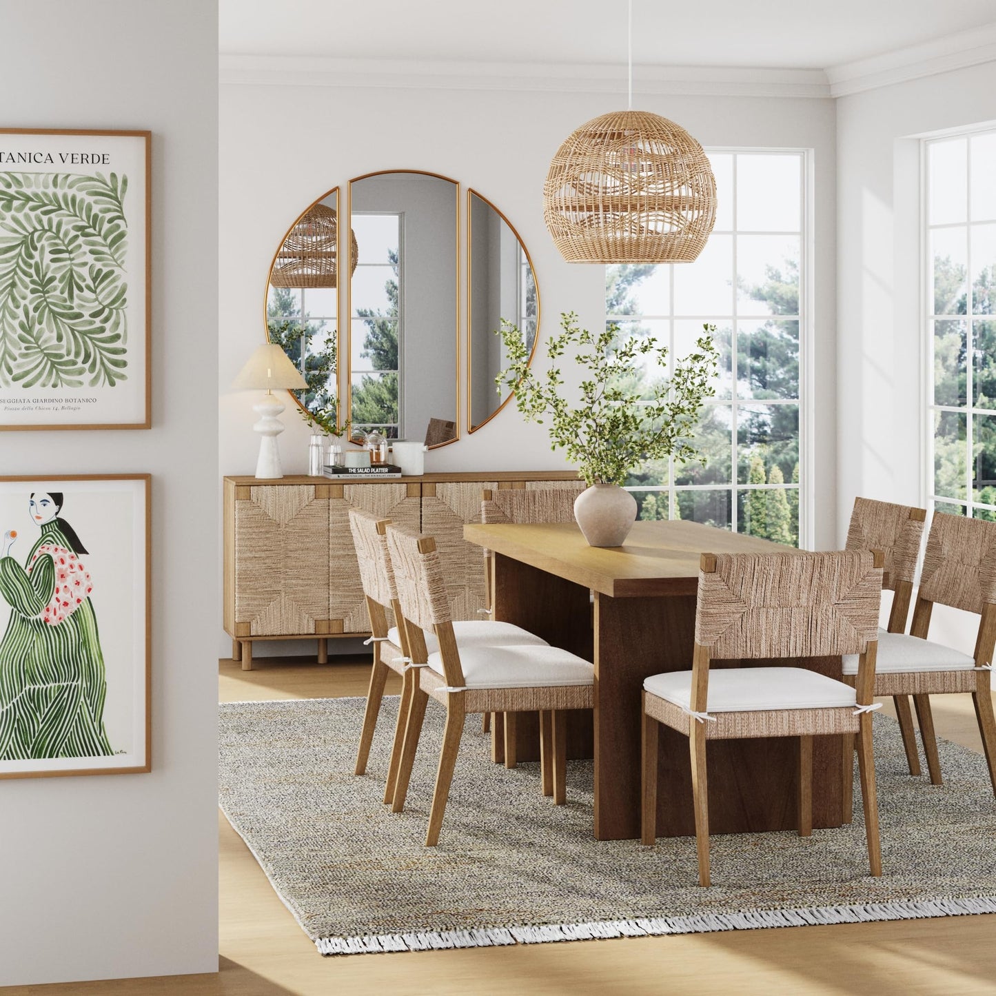 Beacon Boho Dining Chair Set of 6, Boucle Dining Chair with Seagrass Accent and Solid Wood Legs, Cream Boucle/Light Brown