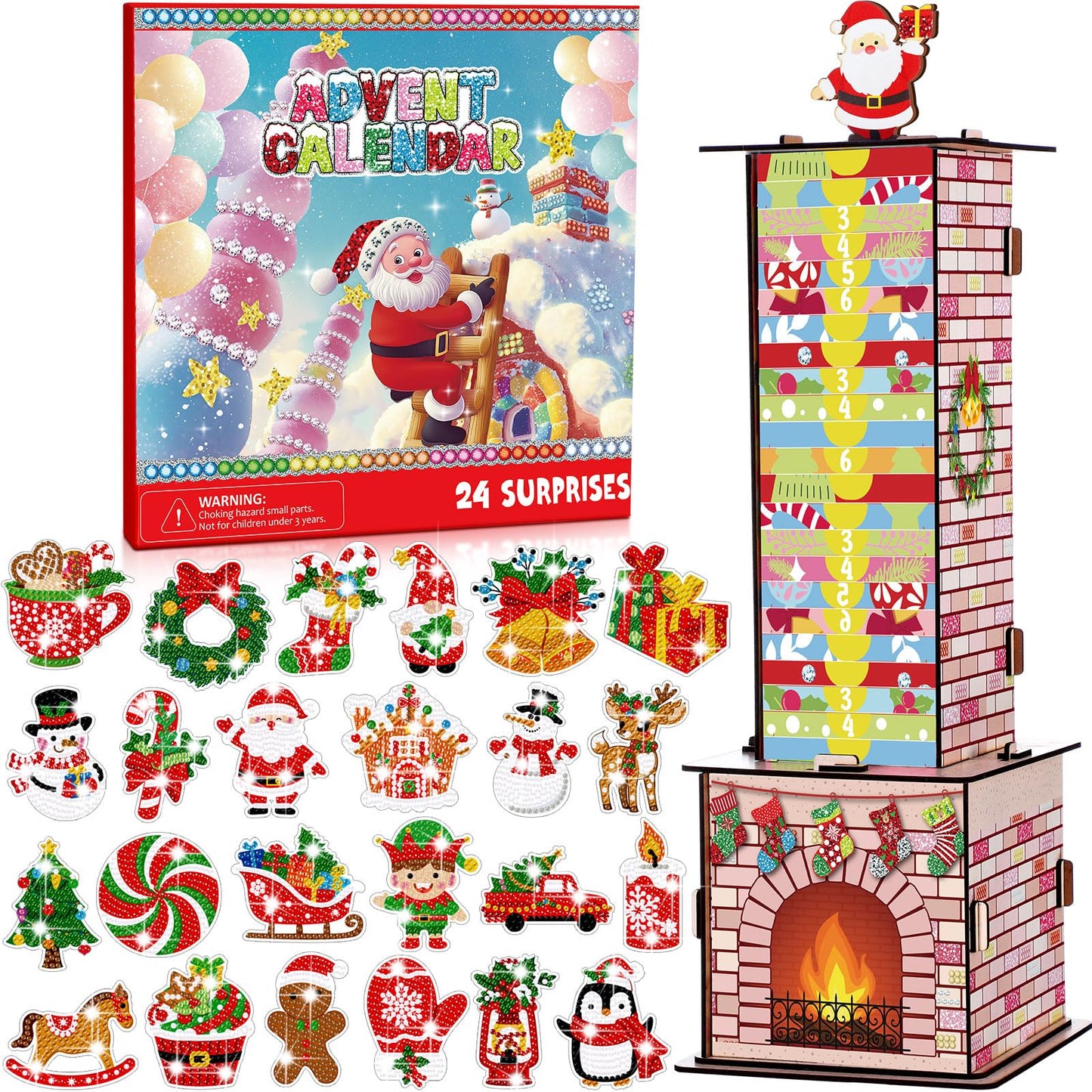 Cinnvoice Advent Calendar 2026 Santa Down the Chimney Christmas Diamond Painting Kits 24 Days Christmas Countdown Calendar DIY Gem Keychains Christmas Gift for Stockings Hanging Ornaments Party Favors
