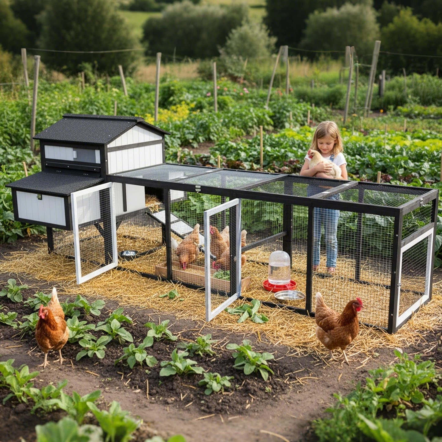 Ketive 116" Large Chicken Coop with Run, Wooden Hen House Outdoor Poultry Cage 28.41 ft² for 4–6 Chickens, 4 Nesting Boxes, 4 Perches, Easy-Clean Slide Out Tray, Expandable Backyard Coop