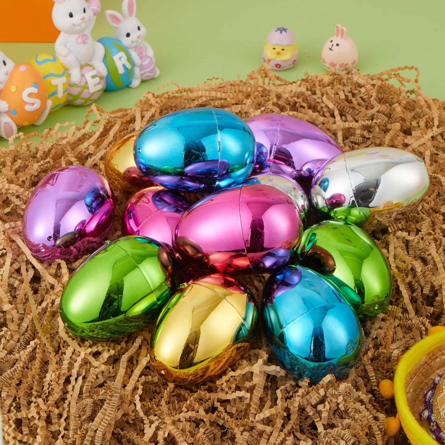 3.15" 48PCS JOYIN Metallic Easter Eggs, Shinny Plastic Eggs Colorful Bulks for Easter Hunt, Filling Treats, Easter