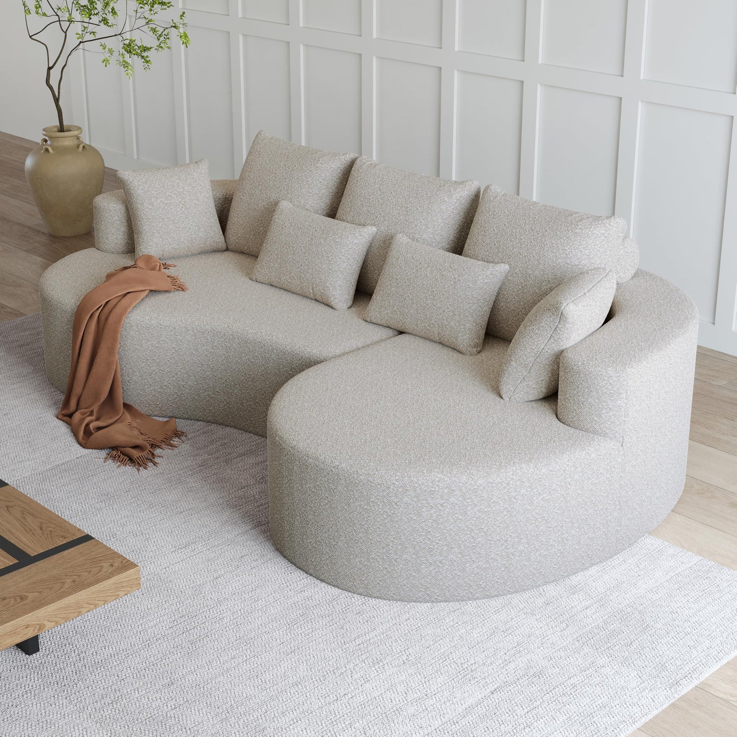KEIKI 105" Chenille Corner Sofa with Chaise, Curved Sectional Couch, L Shaped Deep Seat Sectional Couch for Living Room, Bedroom, Beige