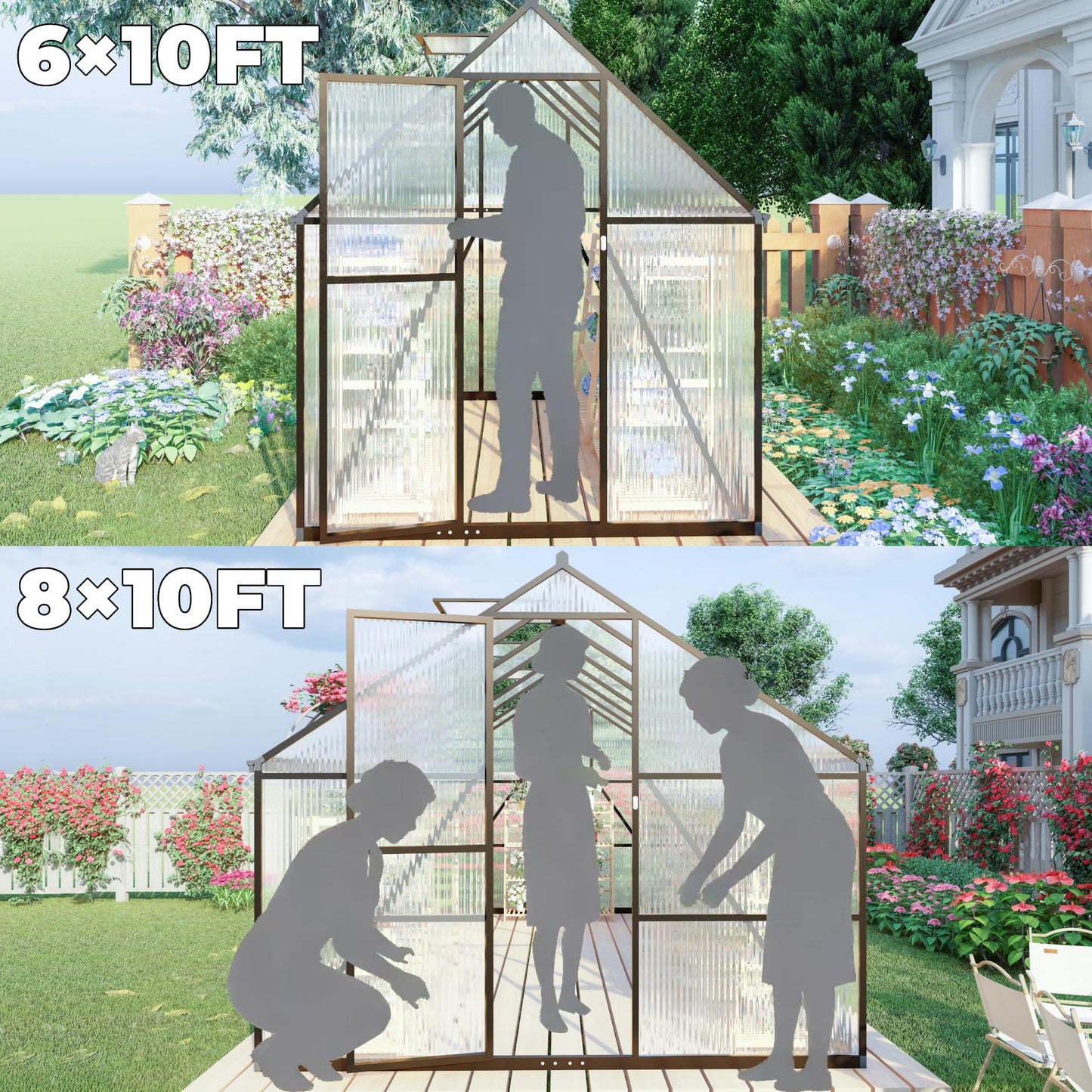 8x10 FT Greenhouse for Outdoors, Polycarbonate Greenhouse with Quick Setup Structure and Roof Vent, Aluminum Large Walk-in Green House for Outside Garden Backyard, Dark Gray