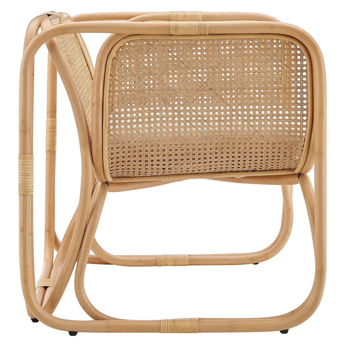 Ellis Natural Rattan Accent Armchair in Natural – Curved Low Lounge Chair with Cushioned Seat for Living Room, Sunroom, or Covered Patio