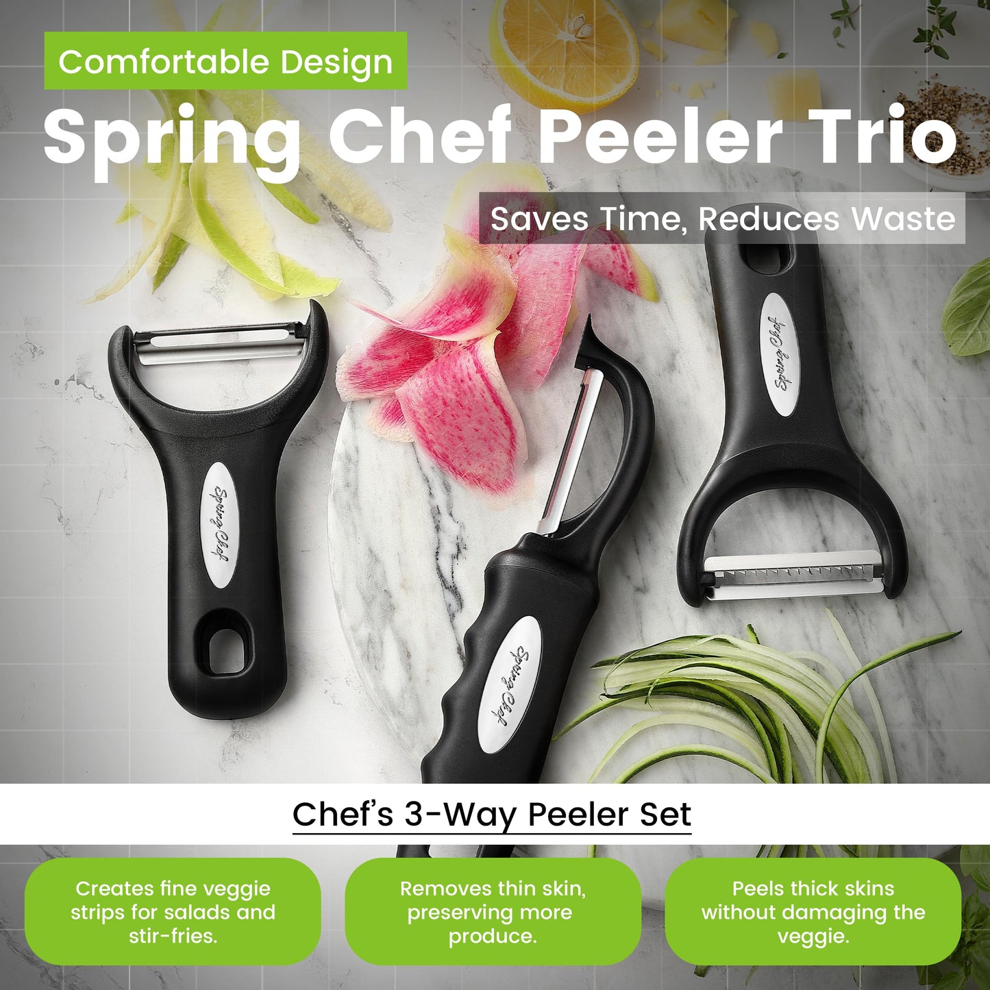 Spring Chef Vegetable Peelers for Kitchen - Stainless Steel Swivel, Y & Julienne Peelers, Potato Peelers with Soft Grip Handles, Kitchen Utensils Set of 3 for Fruits, Veggies, Apples, Carrots