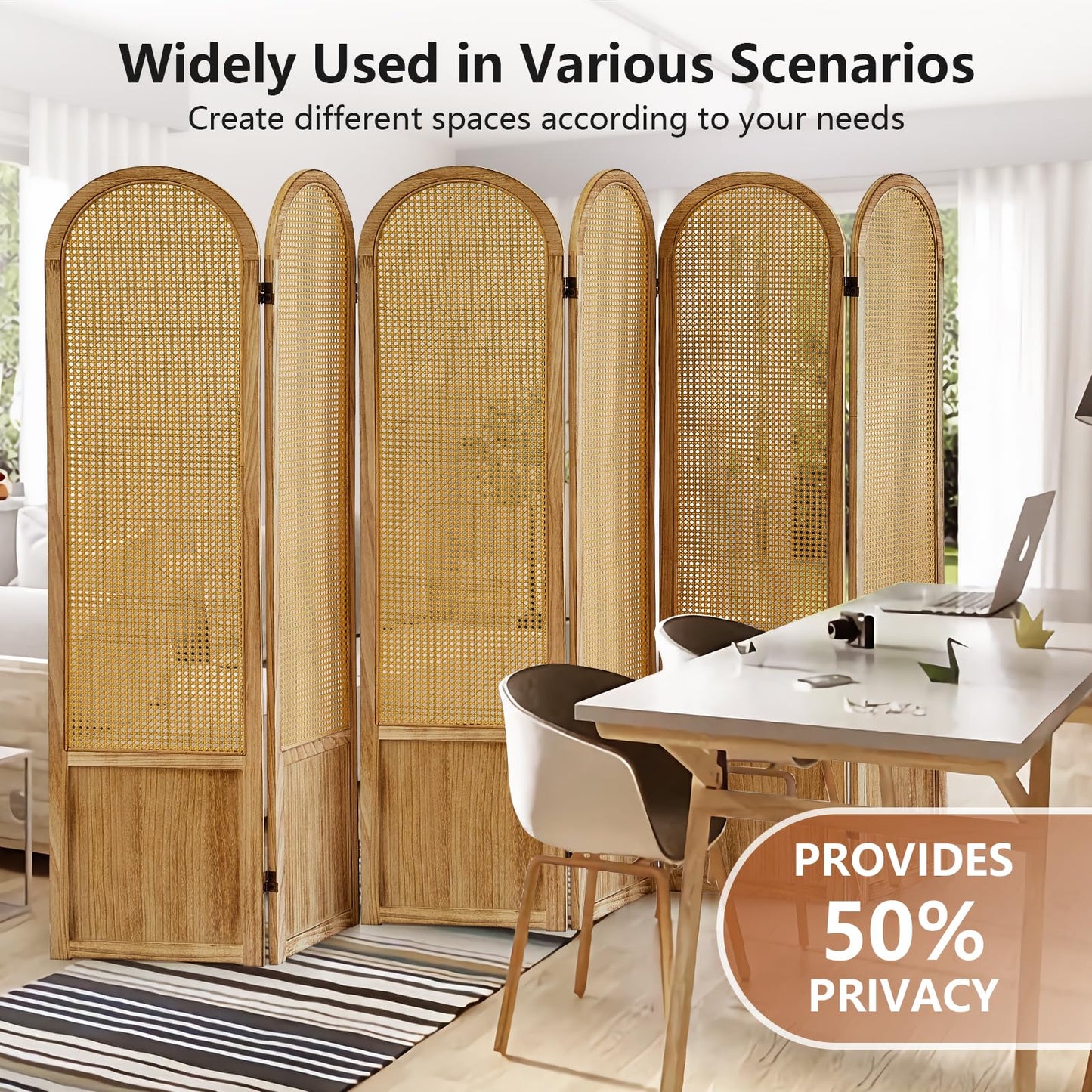 Asnefeli 6 Panels Room Divider, Folding Privacy Screen, Foldable Wood Rattan Room Divider Panel, Portable Partition Screen Wall Divider for Room Separation Bedroom Home Office Garden Terrace (Natural)