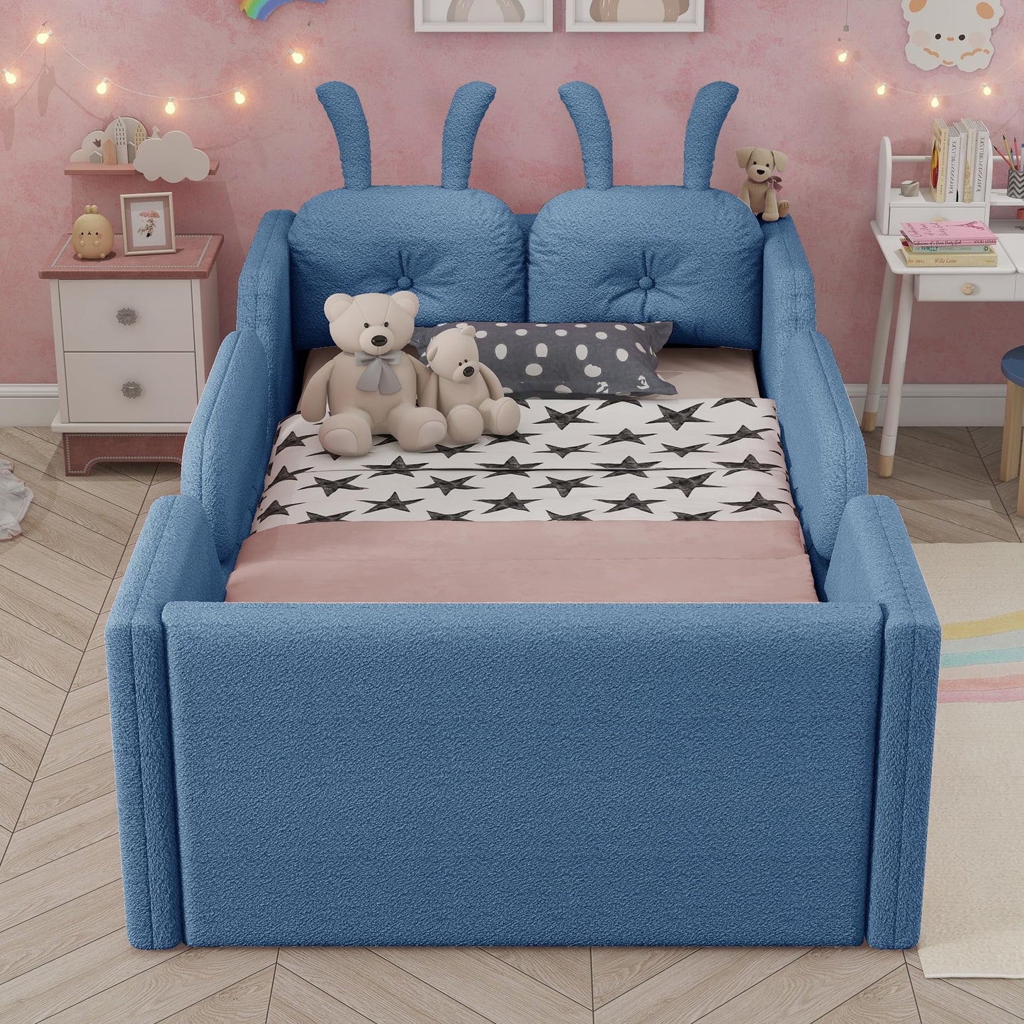 KEIKI Twin Size Upholstered Platform Bed, Kids Floor Bed Frame with Rabbit Shaped Cushion, Cute Bed Frames Twin for Boys Girls, Safety Rails & Wooden Slat, No Box Spring Required, Easy Assembly, Blue