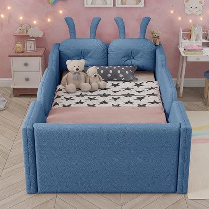 KEIKI Twin Size Upholstered Platform Bed, Kids Floor Bed Frame with Rabbit Shaped Cushion, Cute Bed Frames Twin for Boys Girls, Safety Rails & Wooden Slat, No Box Spring Required, Easy Assembly, Blue