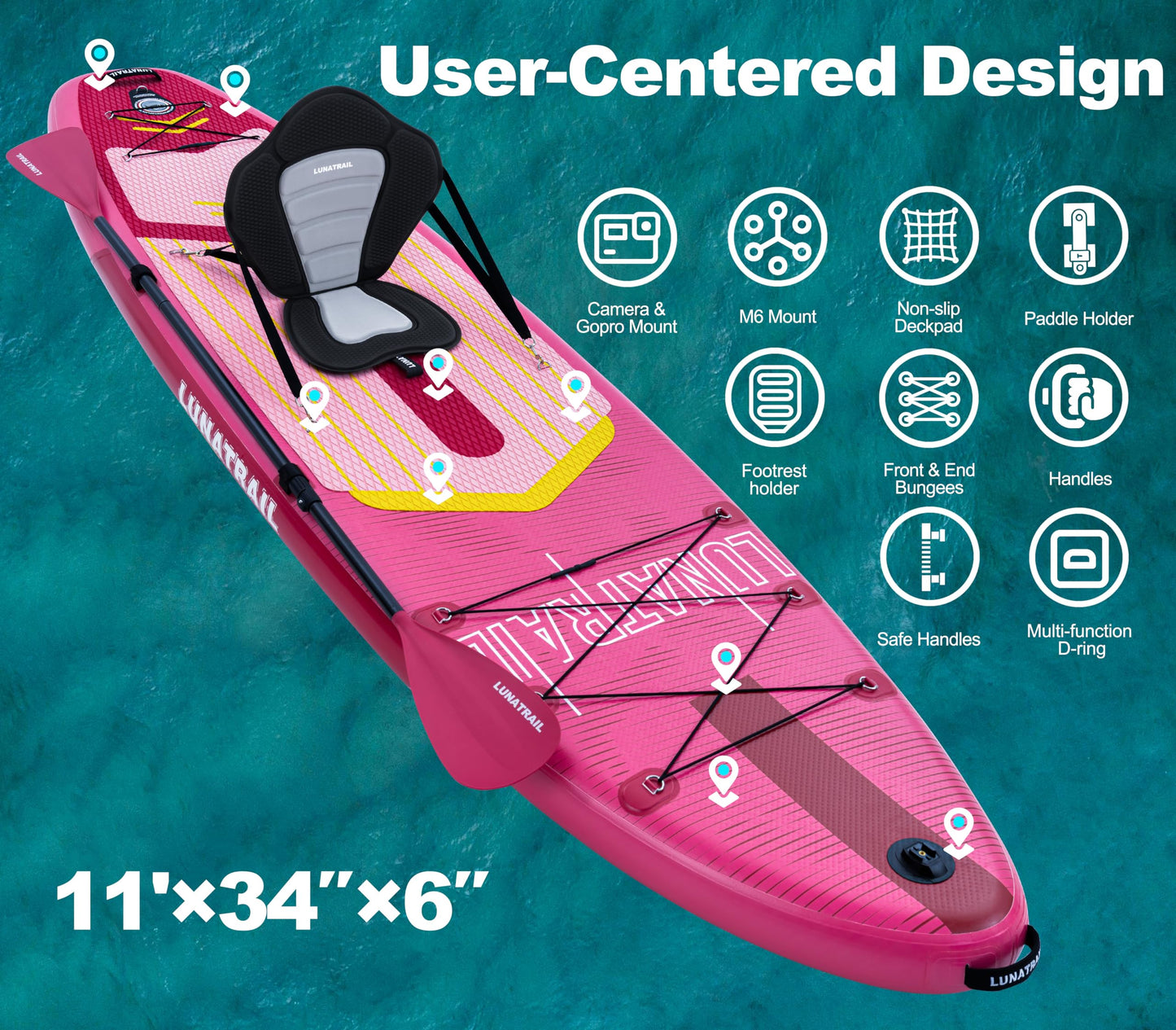【11'×34"】 Extra Long/Extra Wide Premium Inflatable Stand Up Paddle Board (SUP) – Portable & Lightweight for Yoga, Surfing, Family Fun | Complete Kit with Paddle, Pump, Bag | Durable Design (Pink)