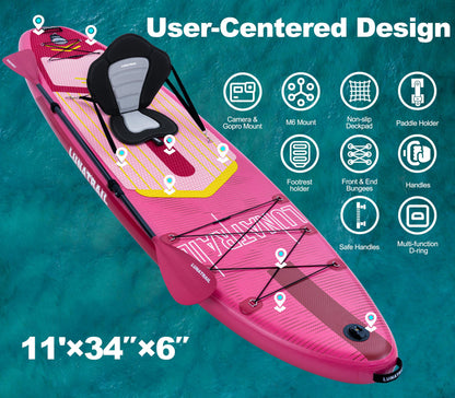 【11'×34"】 Extra Long/Extra Wide Premium Inflatable Stand Up Paddle Board (SUP) – Portable & Lightweight for Yoga, Surfing, Family Fun | Complete Kit with Paddle, Pump, Bag | Durable Design (Pink)