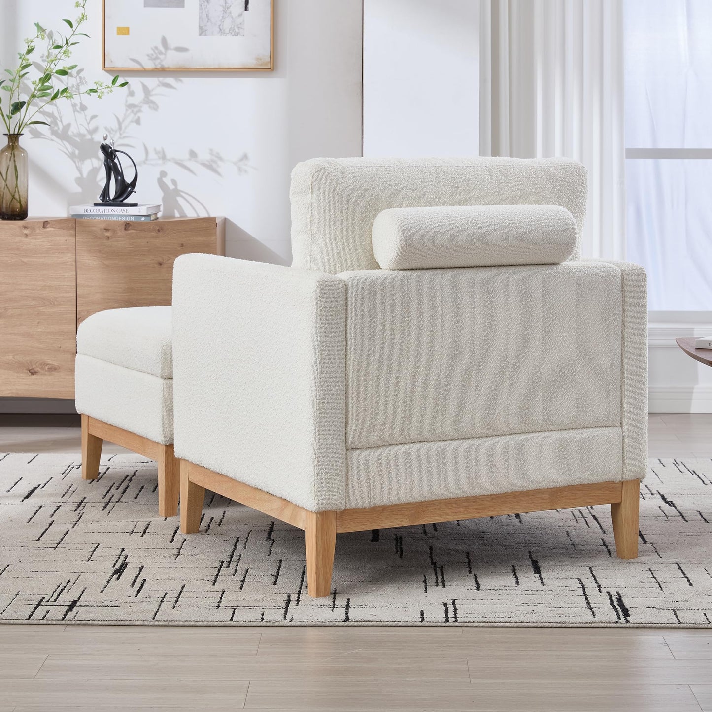 KEIKI 35.4" W Upholstered Accent Chair with Pillow, Ottoman with Convertible Reversible Lid Coffee Table & Storage, Farmhouse Boucle Single Seat Sofa Wood Legs, Ivory and Natural