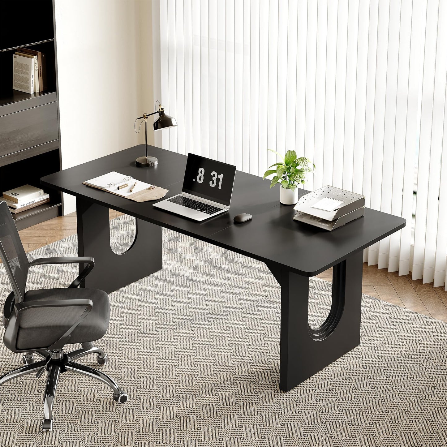 LITTLE TREE 70.8-Inch Home Office Desk, White Computer Desk with Storage, Study Writing Work Desk for Home Office, Spacious Modern Simple Desk, Black