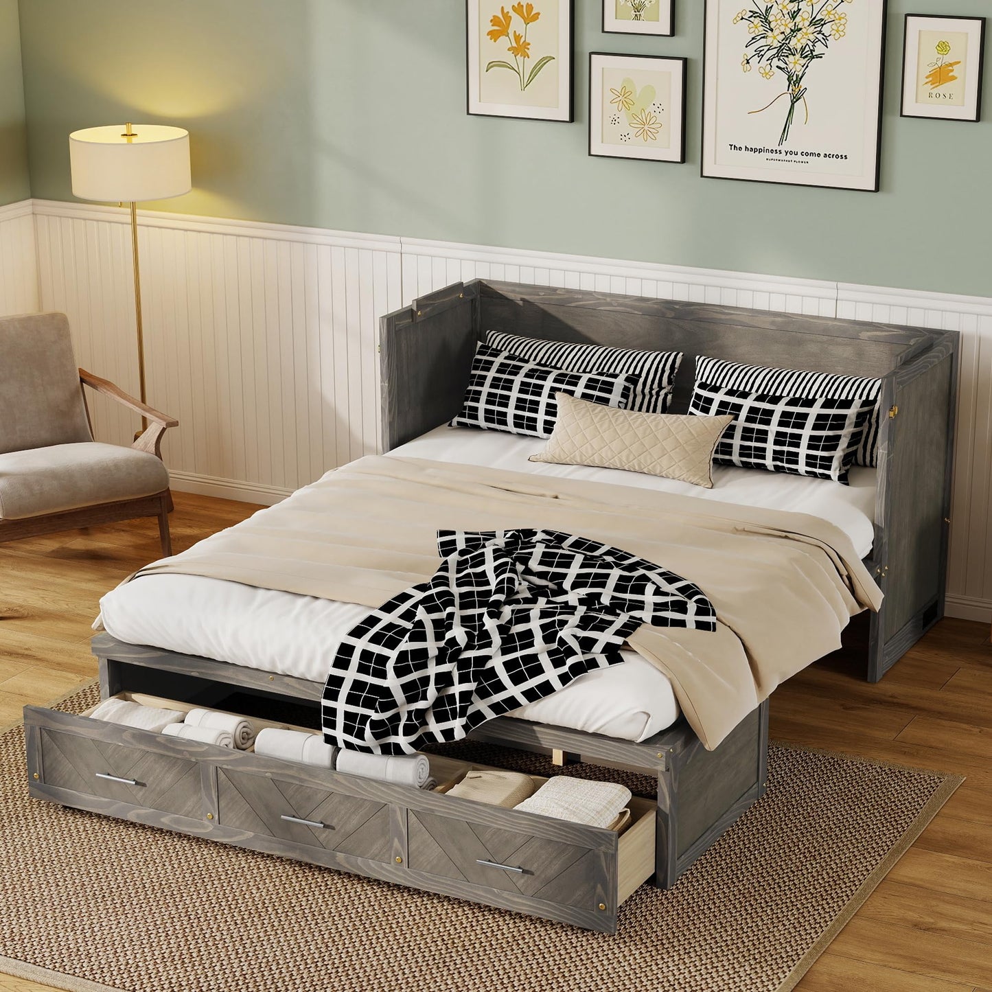 DNYN Queen Size Murphy Bed with Storage Drawer and Built-in Charging Station for Bedroom/Guest Room, Space-Saving Foldable Pine Wood Cabinet Bed with USB Ports, No Box Spring Needed