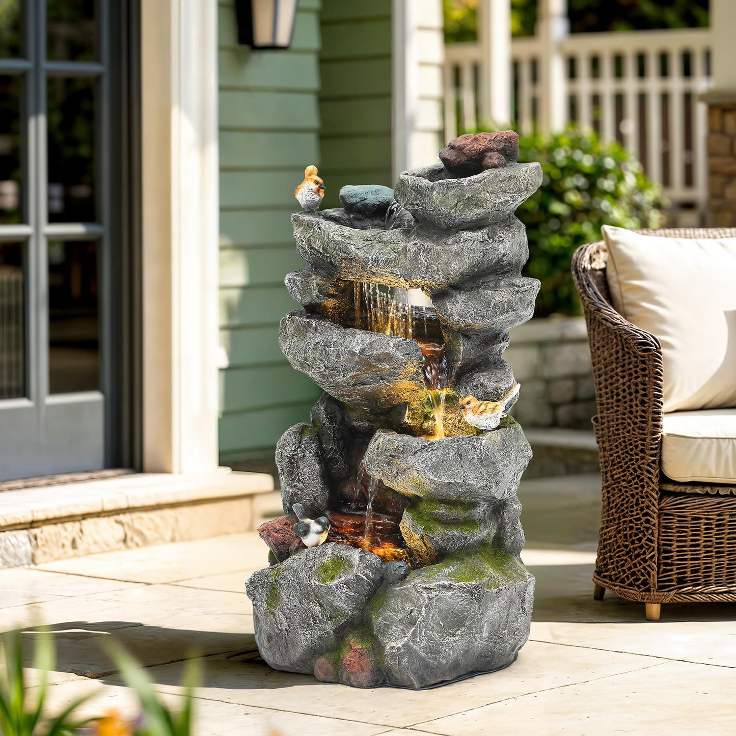 Ultym 31.5" Multi-Tier Rock Outdoor Water Fountain with LED Lights, Cascading Waterfall with Birds for Garden Patio Porch, Weather-Resistant Resin Water Feature for Tranquil Oasis
