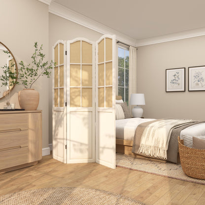 Deco 79 Wood Partition Room Divider Screen Hinged Foldable Partition 3 Panel Privacy Screen with Burlap Window Pane Design, Room Partition 48" x 1" x 71", Beige