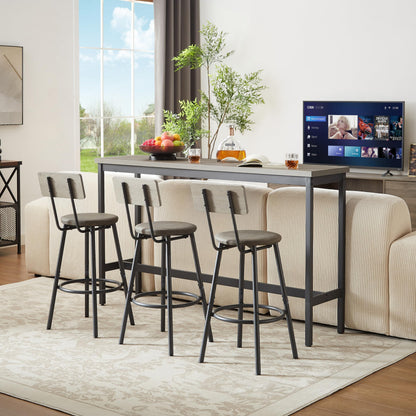 KEIKI Long Bar Table Set with 3 PU Upholstered Bar Stools, Industrial Counter Height Dining Table and Chair Sets for Kitchen, Living Room, Small Space, Grey