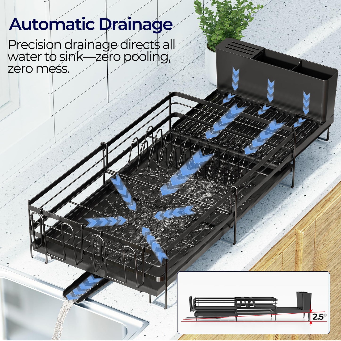 Pantasia Large Dish Drying Rack, Expandable Dish Rack for Kitchen Counter, Dish Drainer with Drainboard Set, Multifunctional Dishrack with Utensil & Cup Holder, 13.4"-28.7" L x 11.8" W x 7.8" H, Black