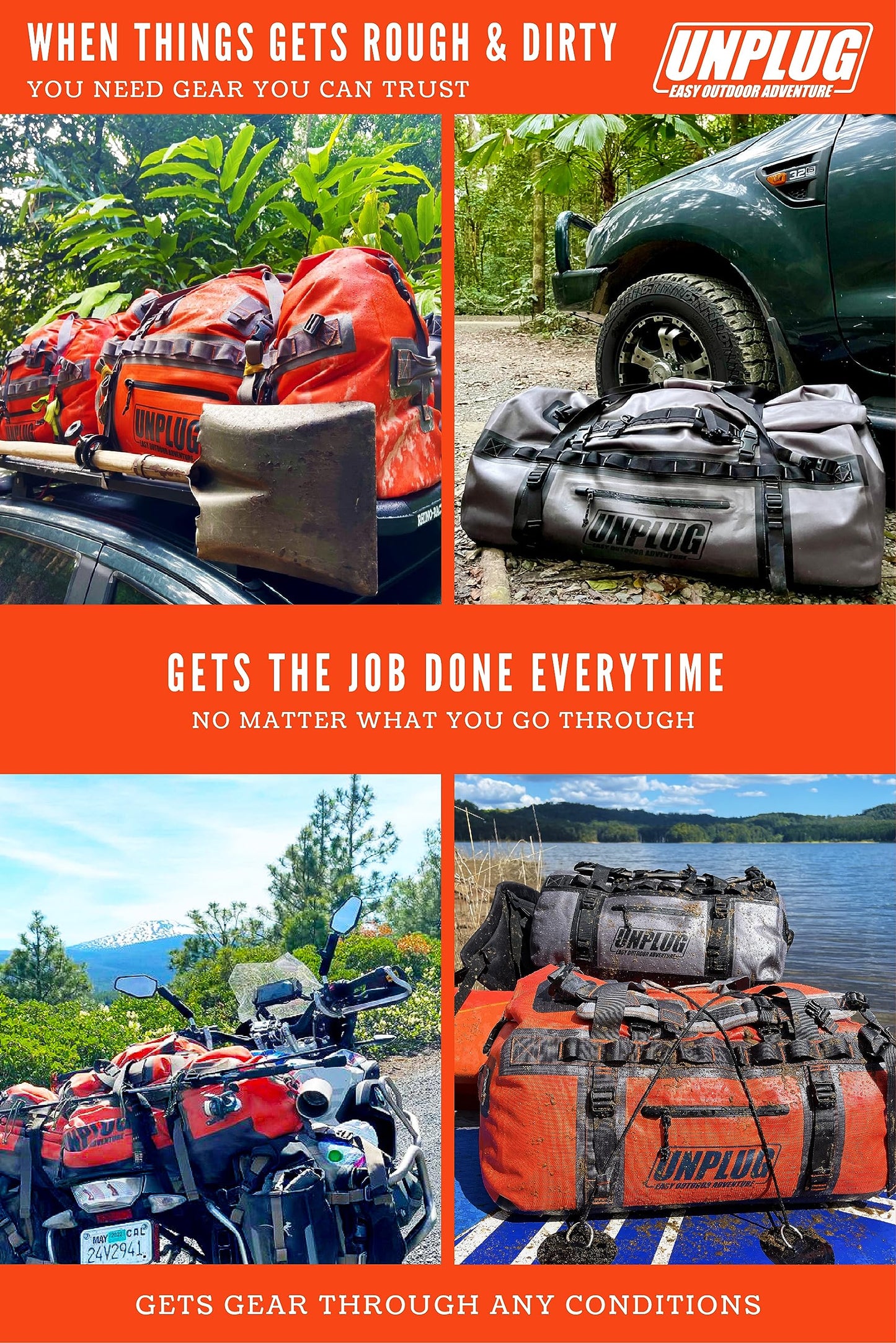 UNPLUG Ultimate Adventure | 1680D Heavy Duty Waterproof Bag | Large Travel Bag which can be Used for Camping, Motorcycling, Boating, or Hunting|155L Adventure Orange