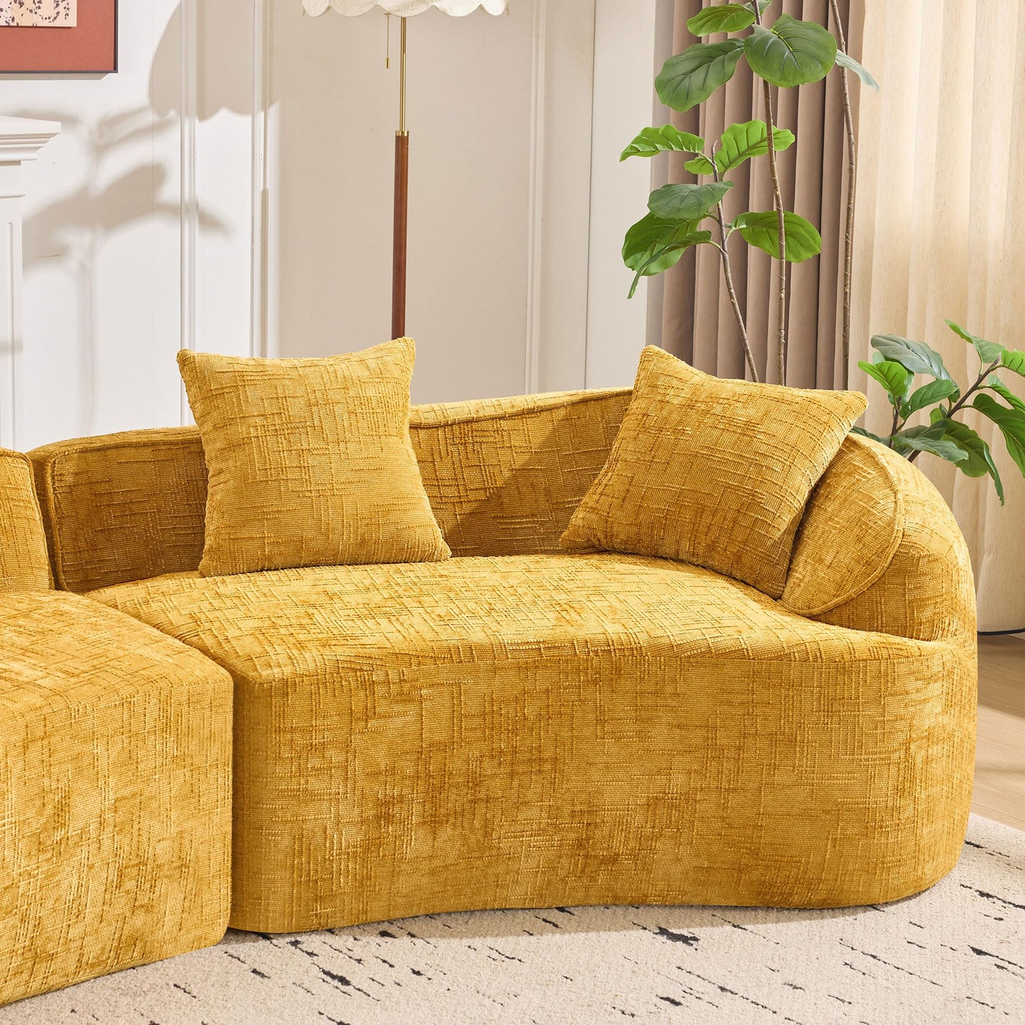 KEIKI 109.45" Curved Compressed Sofa, 4 Seat Couch with Round Armrest, Compression Seat for Living Room, Guest, Bedroom, No Assembly Required, Yellow