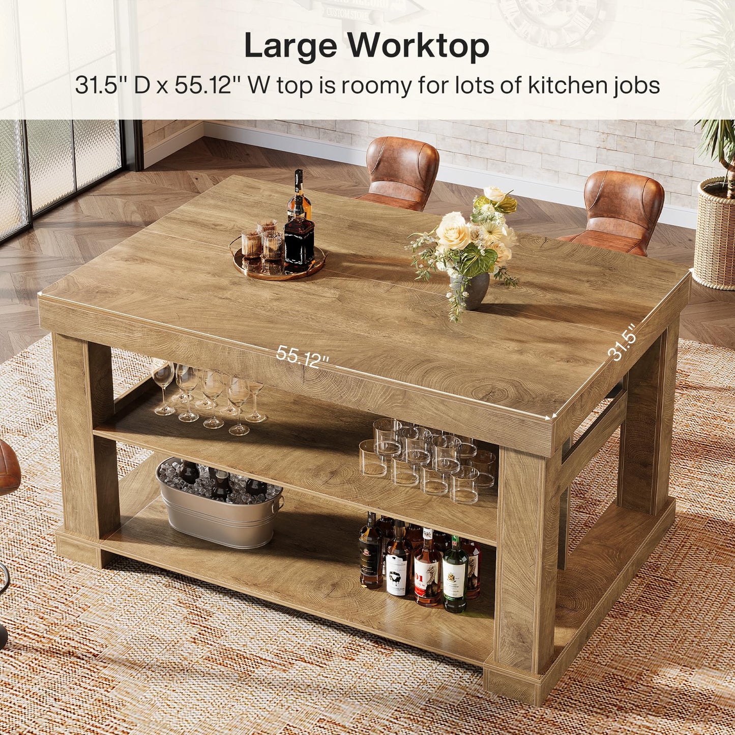 Tribesigns Kitchen Island with Storage, 55-Inch Farmhouse Stationary Island Table with Large Countertop, 3-Tier Wooden Home Bar Table for Kitchen, Dining Room, Rustic Brown
