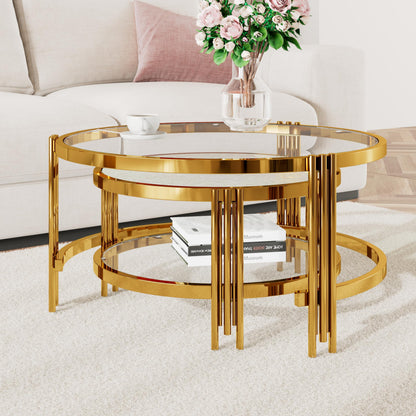 Merax 2-Piece Nesting Round Coffee Table Set, Gold Finish Metal Frame with Textured Tempered Glass Tops, Modern Stylish Accent & Side Table for Living Room, Bedroom, Apartment, Office, Transparent
