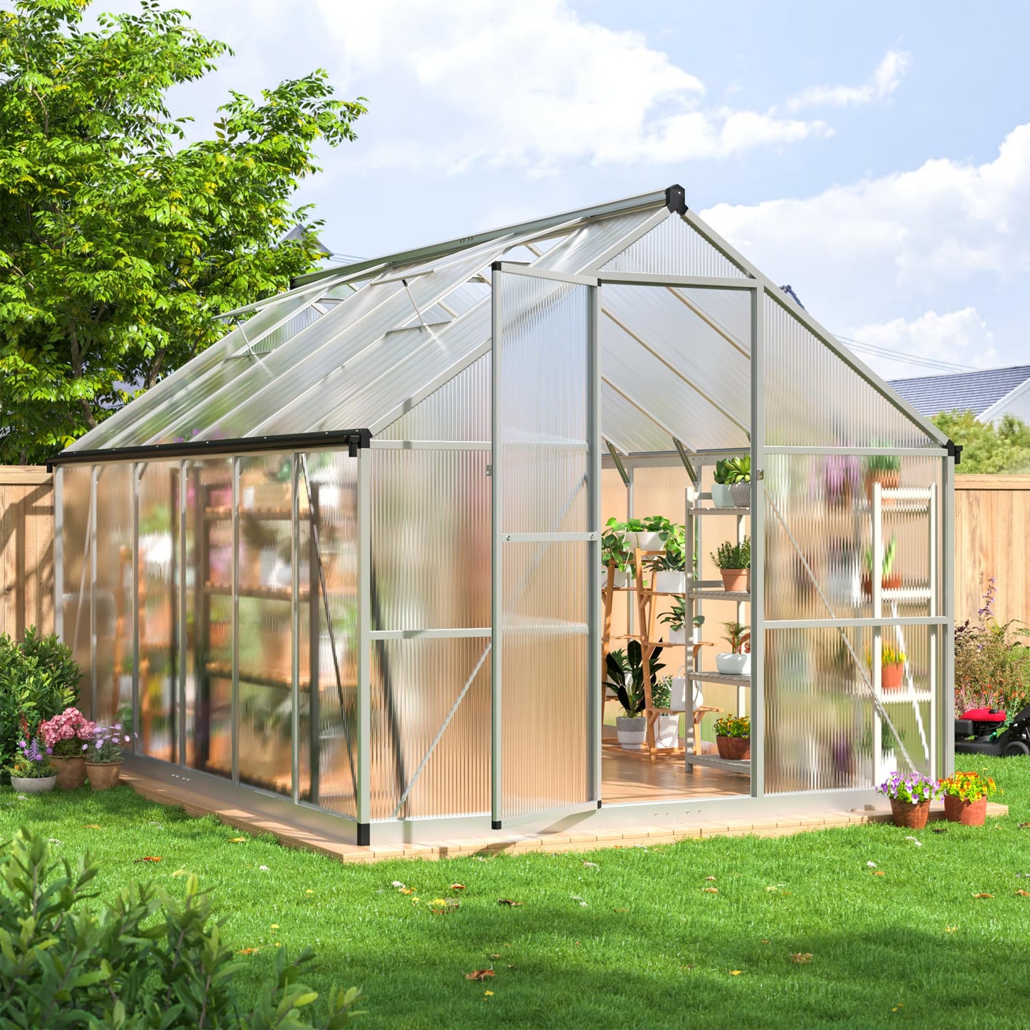 AirWire 8×12 FT Walk-in Greenhouse for Outdoors, Polycarbonate Greenhouse Kit with Roof Vent, Large Heavy Duty Green Houses for Outside Backyard Patio Garden, Sliver