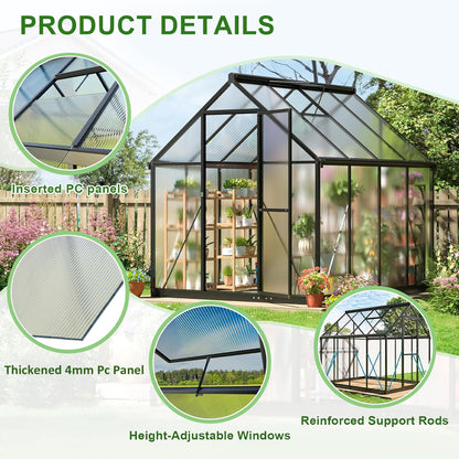 Polar Aurora 10X18 FT Polycarbonate Greenhouse for Outdoors, Walk-in Aluminum Green House with Quick Setup Structure and Roof Vent for Outside Garden Backyard, Black
