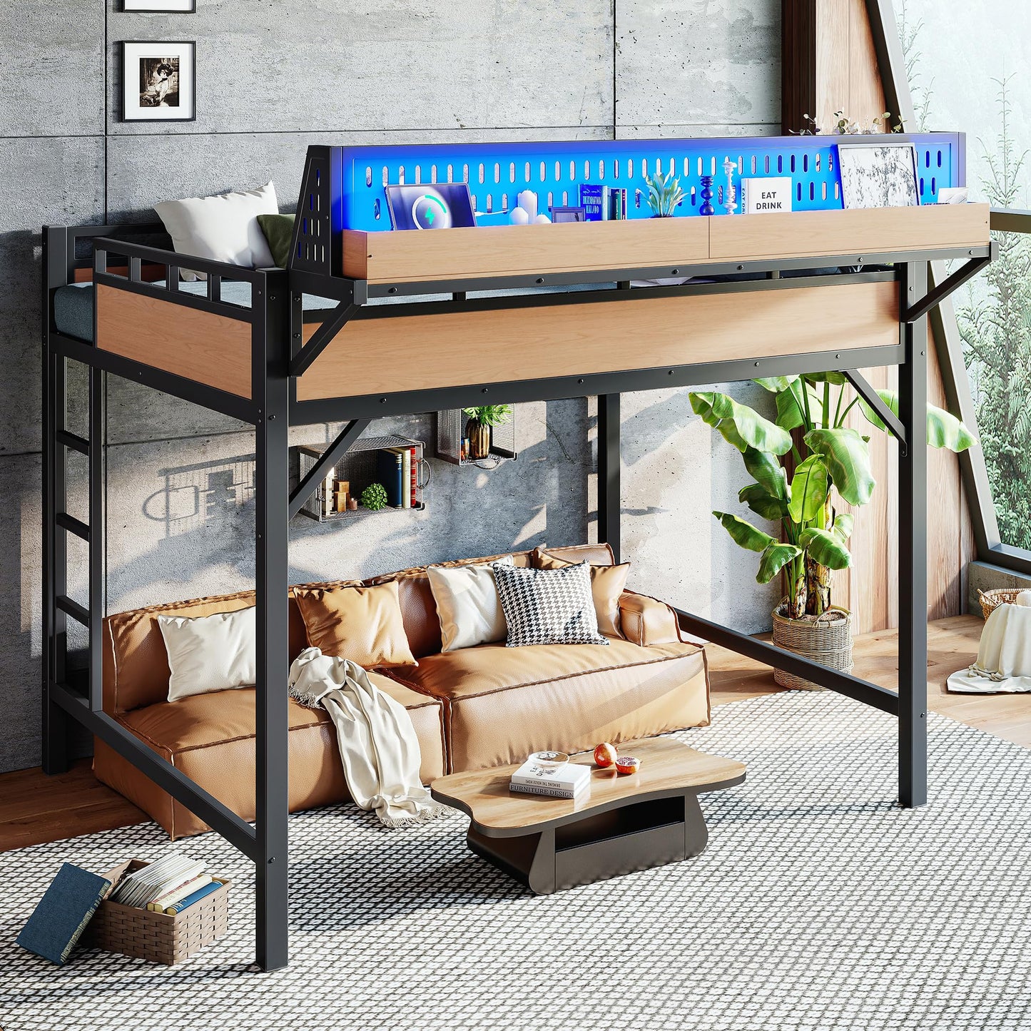 KEIKI Queen Size Loft Bed Frame with Storage Shelves & Pegboard, Modern Metal Loft Bed with USB Ports and LED Lights for Adults Studio Apartments Home Offices & Multifunction Bedrooms