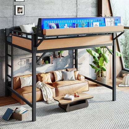 KEIKI Queen Size Loft Bed Frame with Storage Shelves & Pegboard, Modern Metal Loft Bed with USB Ports and LED Lights for Adults Studio Apartments Home Offices & Multifunction Bedrooms