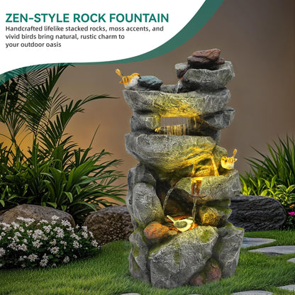 Ultym 31.5" Multi-Tier Rock Outdoor Water Fountain with LED Lights, Cascading Waterfall with Birds for Garden Patio Porch, Weather-Resistant Resin Water Feature for Tranquil Oasis