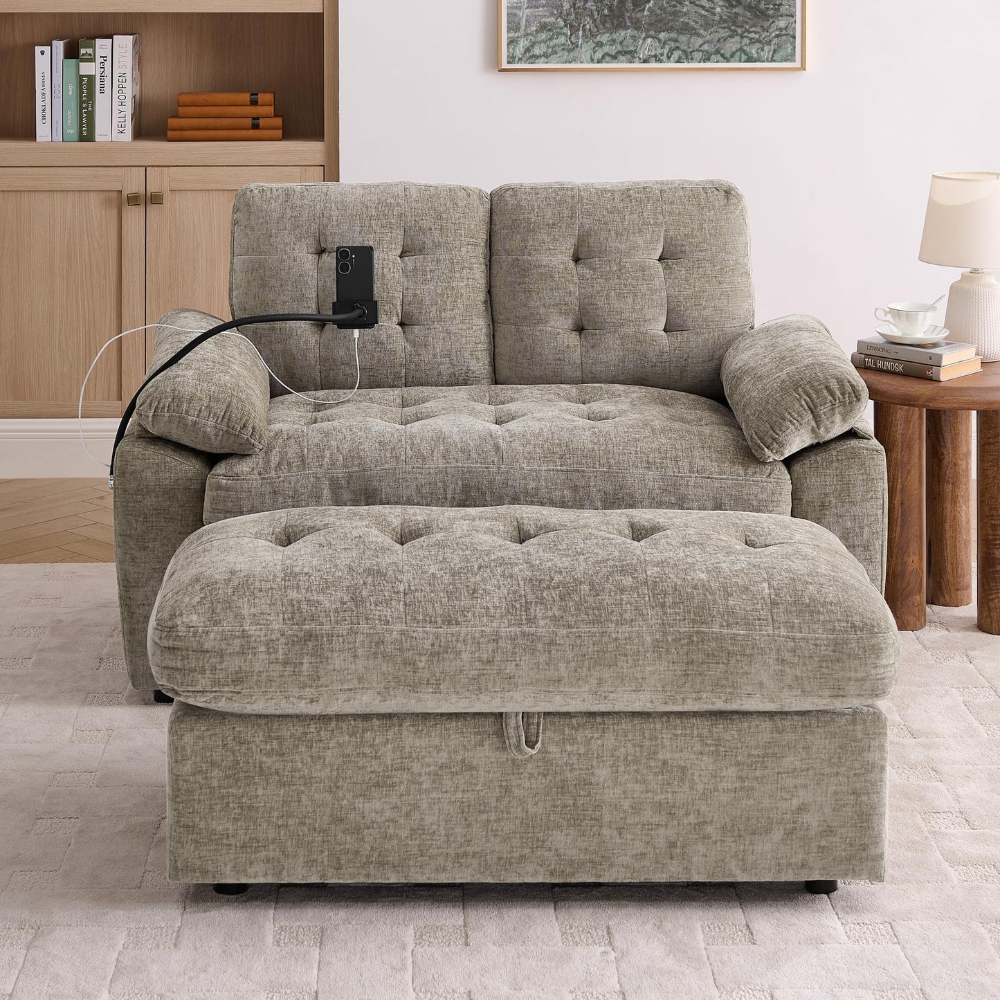 Eafurn 56" Convertible Loveseat Sofa Bed with Ottoman, Adjustable Loveseat Couch Sleeper Chair, Folding Futon Sofa with Phone Holder & Charging Port, Deep Seat Lounge Couch for Living Room