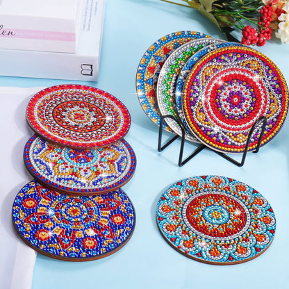 BSRESIN 8 Pcs Coasters with Holder, Mandala DIY Diamond Art Crafts for Adults, Small Diamond Painting Kits Accessories