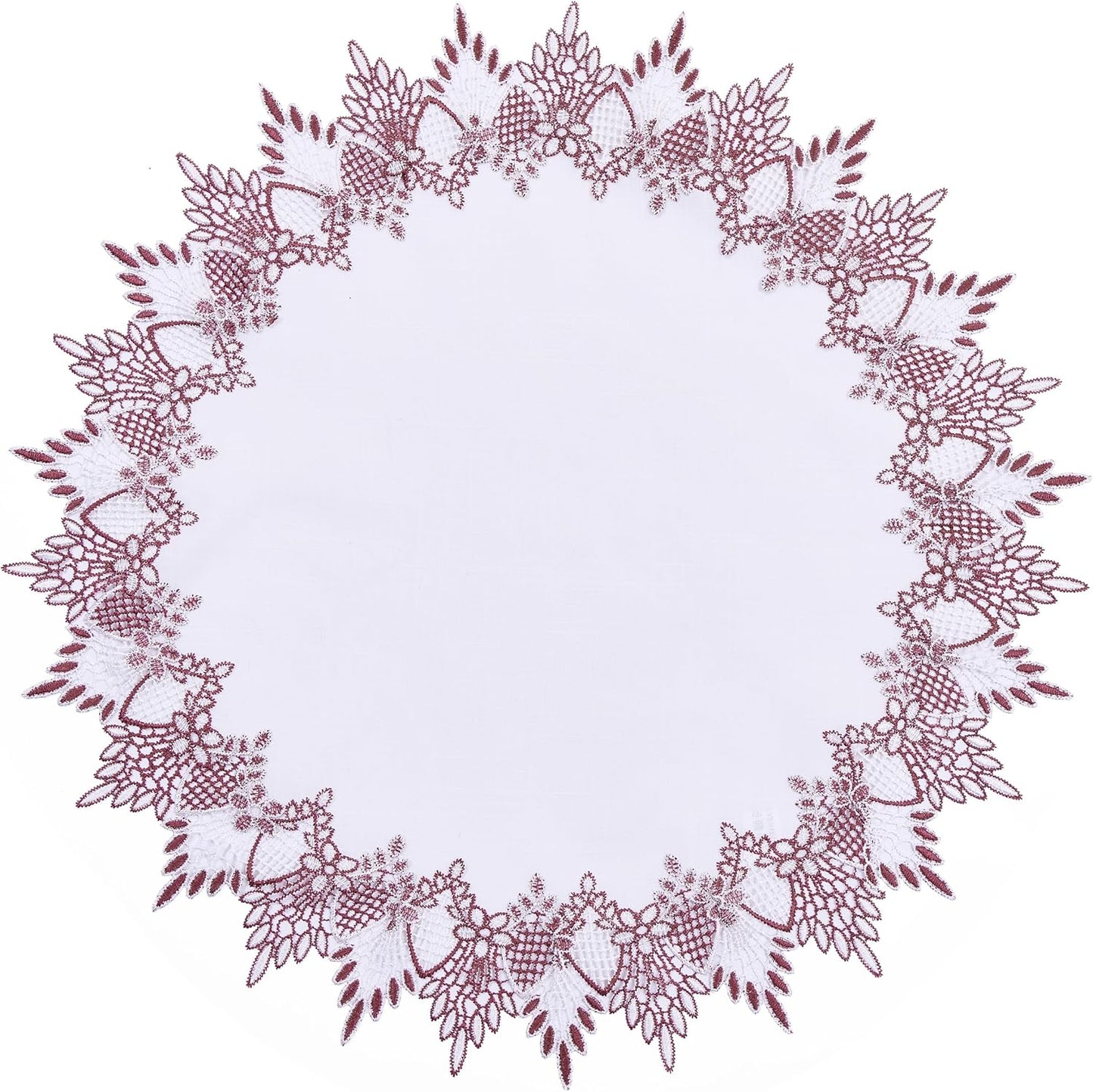 24 inches 24 White Dark Red Linen Lace Doily Round Coffee Table Topper Dresser Scarf Place Mats (Dark Red, Round)