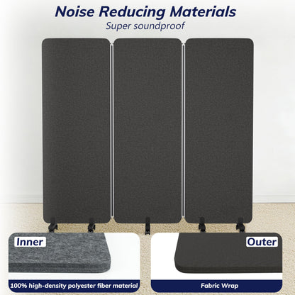 KERRAM 3 Panel Foldable Office Partitions, Mobile Cubicle Wall with Wheels, 71 x 66 Inch Noise Cancelling & Sound Proof Room Dividers Partition Wall, Aluminum Frame Dark Gray