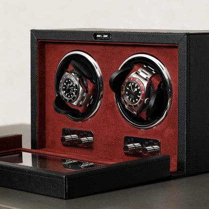 ROTHWELL Double Watch Winder for Automatic Watches with Quiet Motor with Multiple Speeds and Rotation Settings (Black/Red)