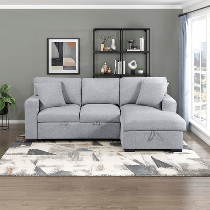 Lexicon 92.5" W L Shape Sectional Couch with Right Storage Chaise and Pull Out Sofa Bed, Sectional Sleeper Sofa with Memory Foam Seat Cushion, Charging Port, Storage Shelf for Living Room, Gray