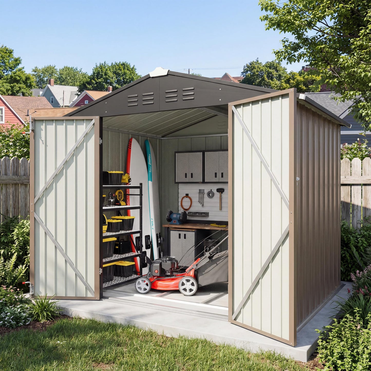 Greesum 8x6FT Outdoor Storage Shed with Base, Utility Tool Shed with Sloping Roof, Metal Storaged Garden Shed with Door & Lock for Patio Storage, Brown