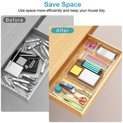 Manalete Drawer Organizers Set of 12, 4 Sizes Clear Plastic Drawer Organizers and Storage Bins for Kitchen, Bathroom, Office, Dresser Desk Drawer Organizer Tray for Jewelry, Makeup, Junk, Gadgets